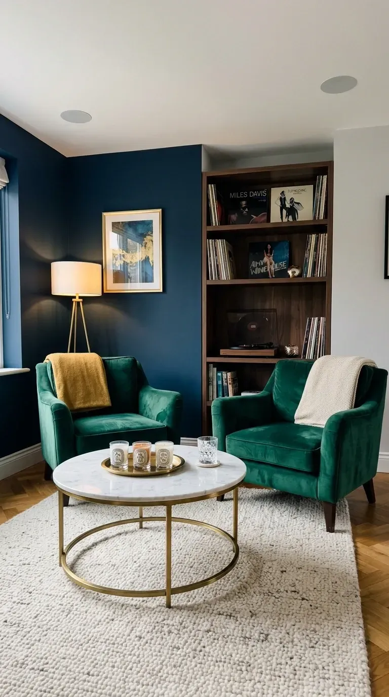 Listening lounge with pair of emerald green velvet armchairs, round marble and brass coffee table, tall bookshelf filled with vinyl, turntable, tripod floor lamp, and dark blue accent wall