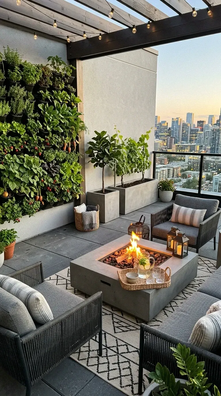 Modern Charleston rooftop lounge with large vertical garden wall as backdrop, square concrete fire table, RH Sonoma teak outdoor sectional sofa and lounge chairs, large outdoor area rug, concrete planters with potted citrus trees, cedar pergola structure, and string lights