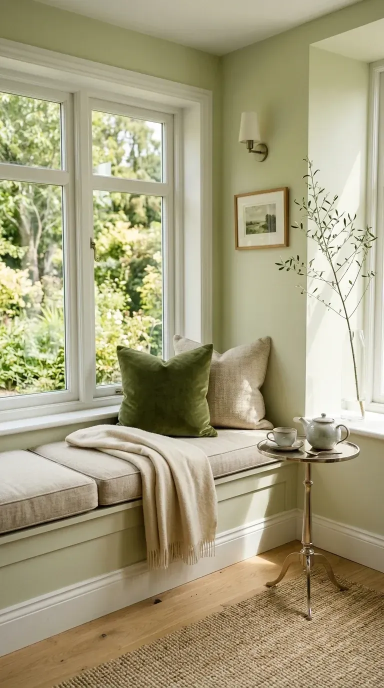 Built-in bay window seat with linen cushion, velvet pillows and brass wall sconce