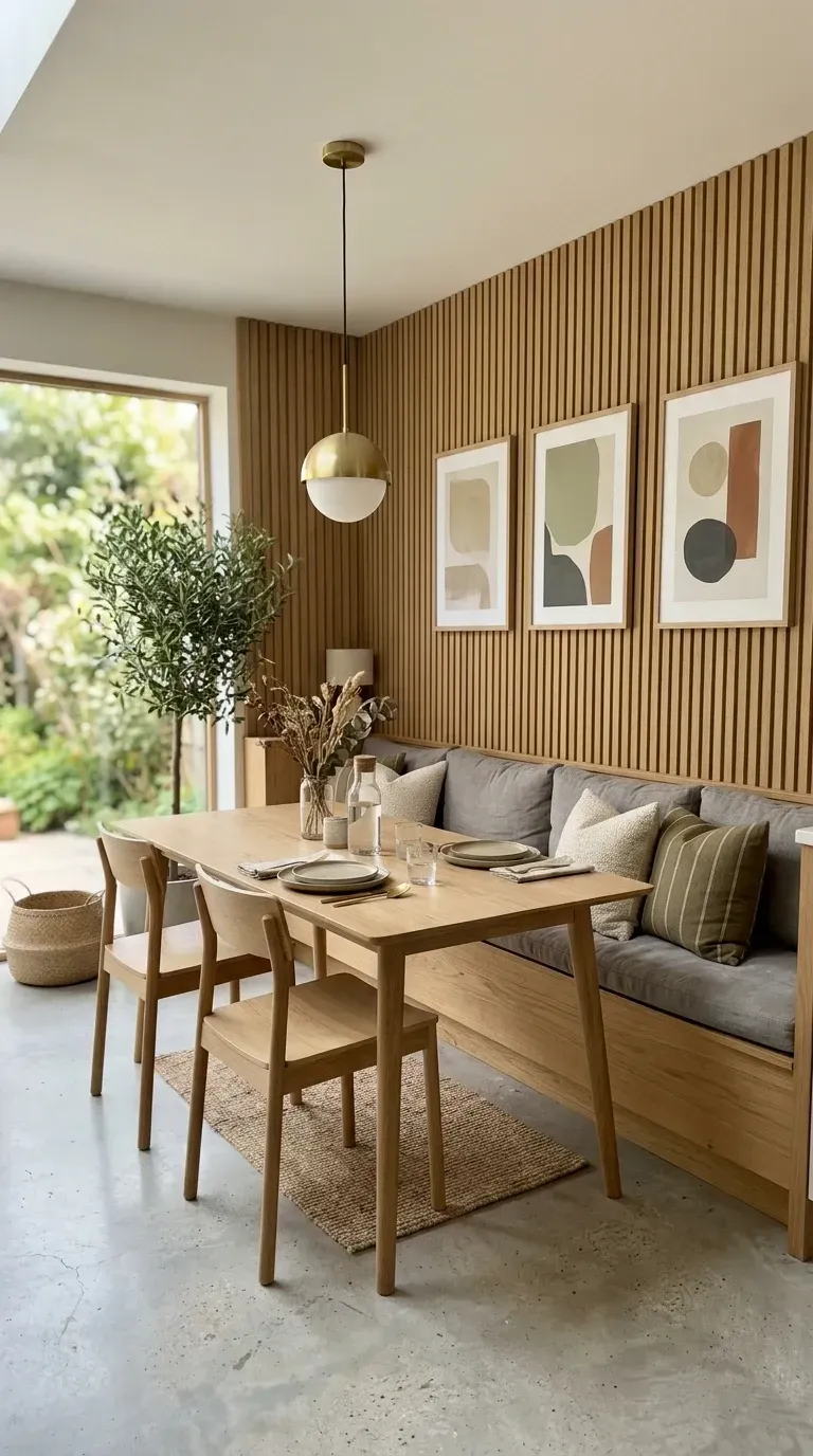 Charleston dining nook with custom built-in wood banquette under Acupanel acoustic wood slat wall paneling brass globe pendant light wood dining table abstract gallery wall and large potted olive tree