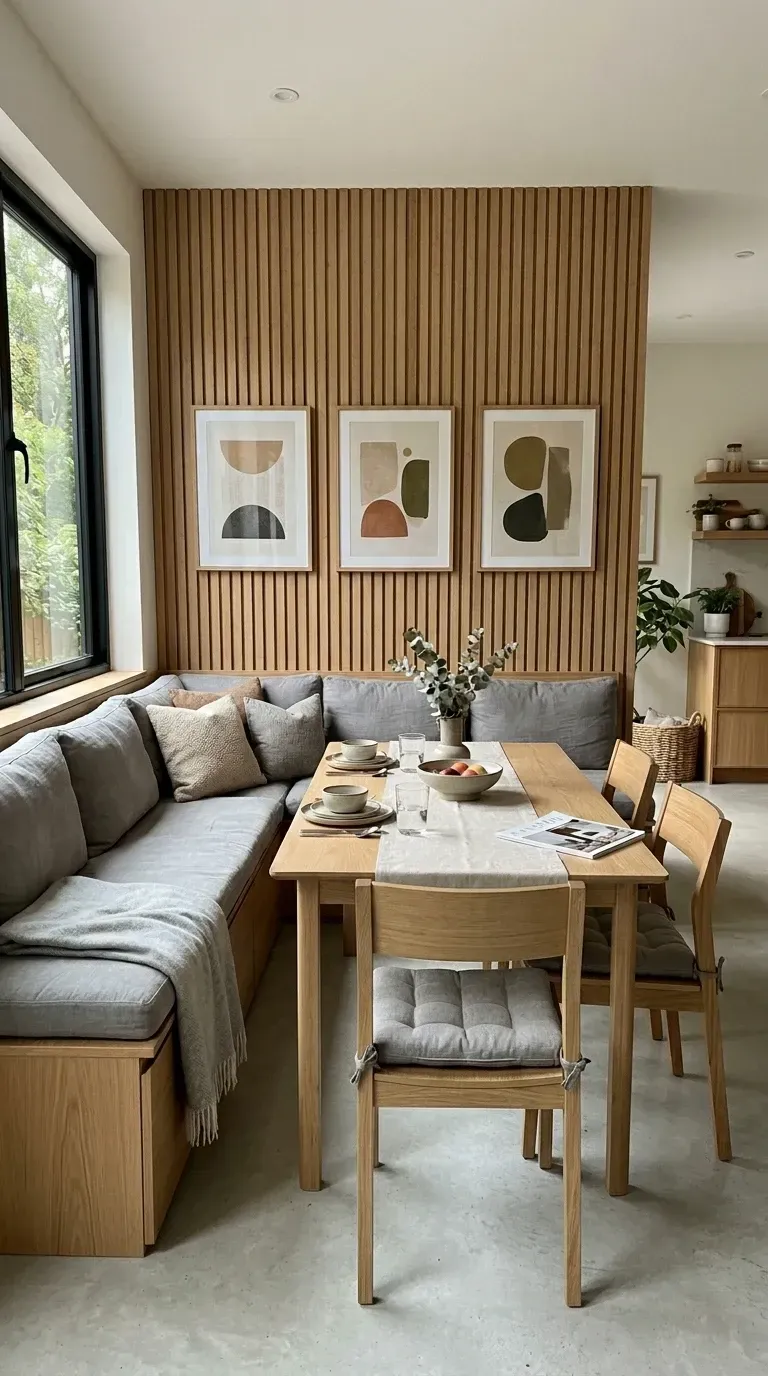 Close view of Charleston L-shaped corner banquette with assorted neutral textured throw pillows soft grey throw blanket wood slat wall paneling large window light wood dining table and polished concrete floor
