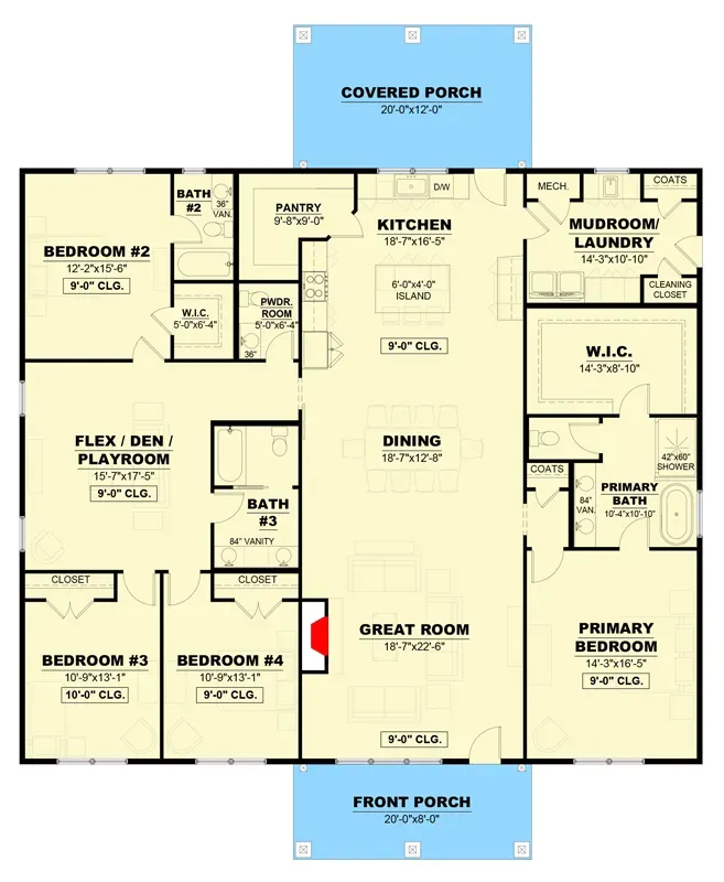 Main level floor plan — 4-bedroom split-bedroom modern farmhouse with central great room, kitchen island, covered porches, and primary suite on right wing