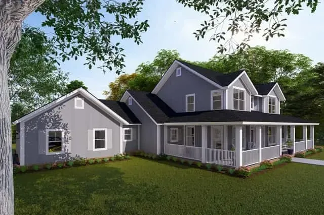 Farmhouse exterior showing standing-seam metal roof accent over front porch and board-and-batten gable ends