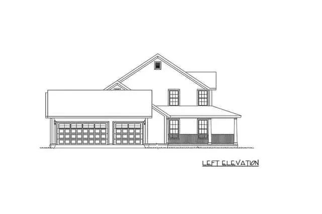 Farmhouse elevation showing transom windows over main-floor glazing and dormered second story