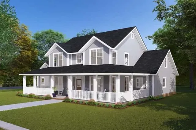 Modern farmhouse with white siding, metal porch roof accent, and black-framed windows