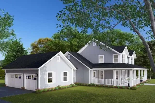 Modern farmhouse elevation with timber porch posts and mixed wood-and-siding detail