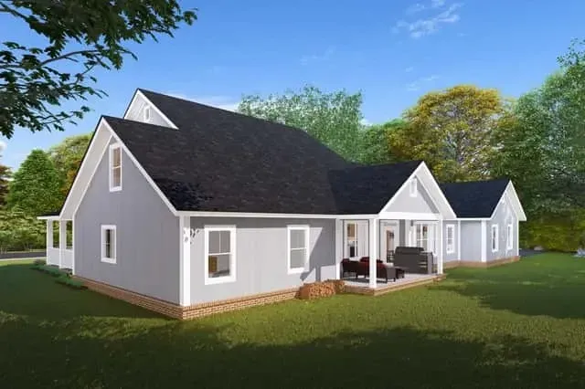 Modern farmhouse front porch column and railing detail with black window trim