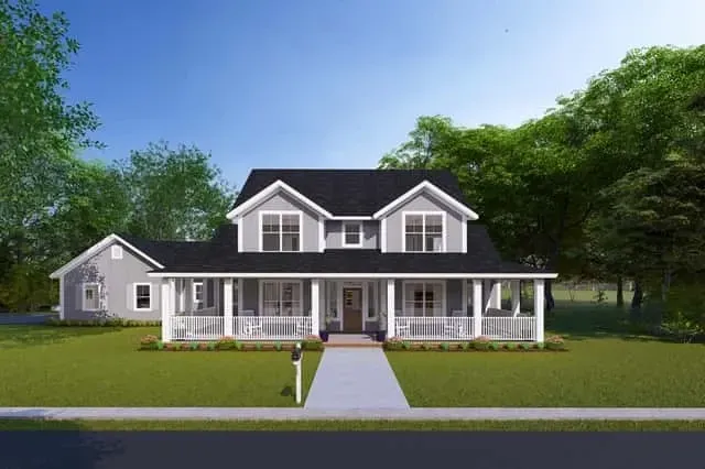 Plan 52269WM landscape view with lawn, circular drive, and wraparound porch visible