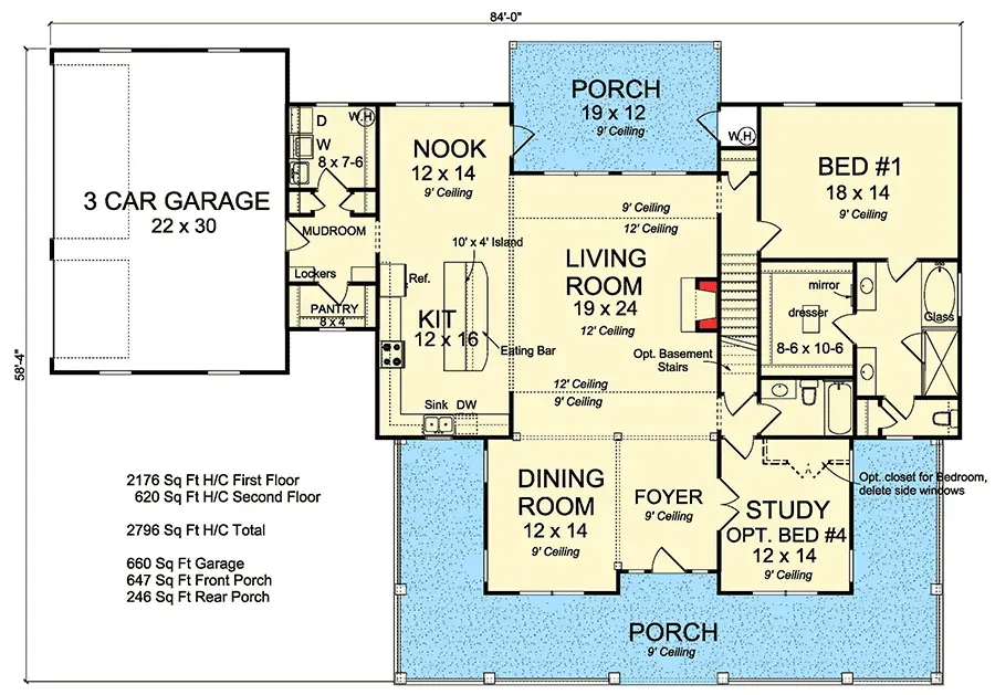 Plan 52269WM main level floor plan with primary suite, vaulted great room, kitchen island, study, screened porch, and side-load 3-car garage