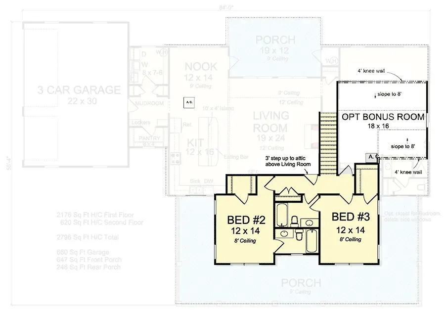 Plan 52269WM second floor plan with two secondary bedrooms, Jack-and-Jill bath, and optional bonus room over garage