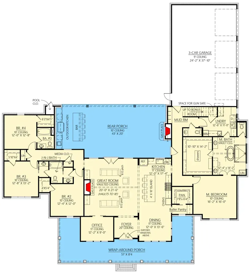 Main level floor plan for Plan 56521SM showing 4-bedroom split layout, vaulted great room with fireplace, central kitchen with island and walk-in pantry, butler's pantry, primary suite with vaulted ceiling, dedicated home office behind barn doors, and angled three-car garage