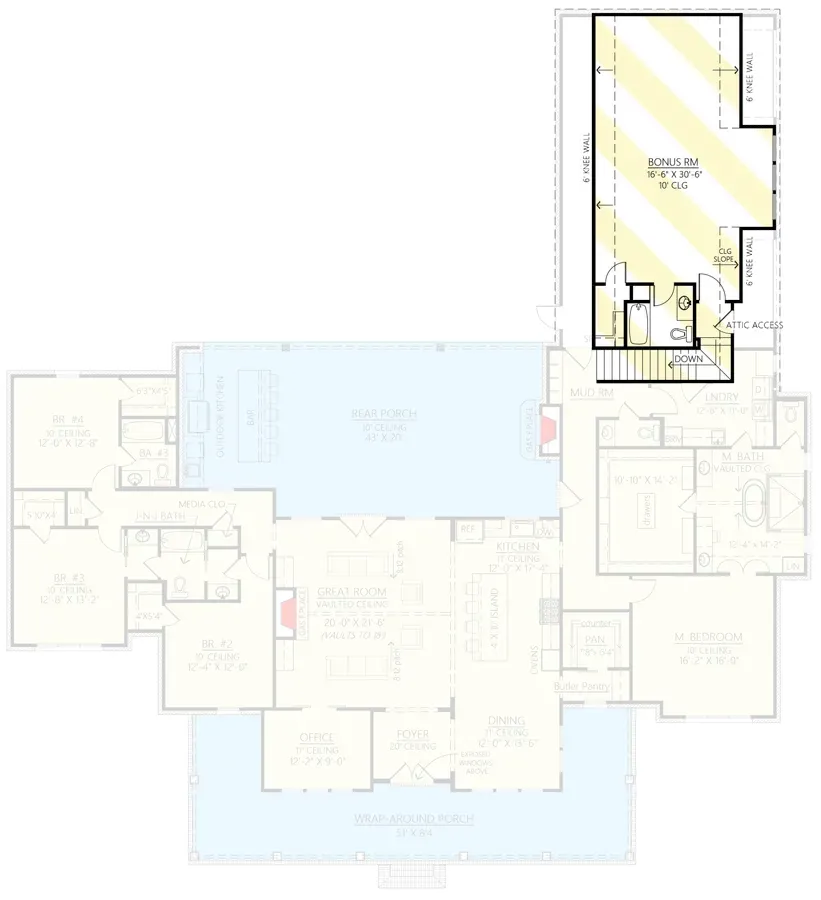 Second-floor bonus room layout above the angled garage for Plan 56521SM, showing flexible square footage suitable for media room, fifth bedroom, or home gym, accessed via mudroom stair