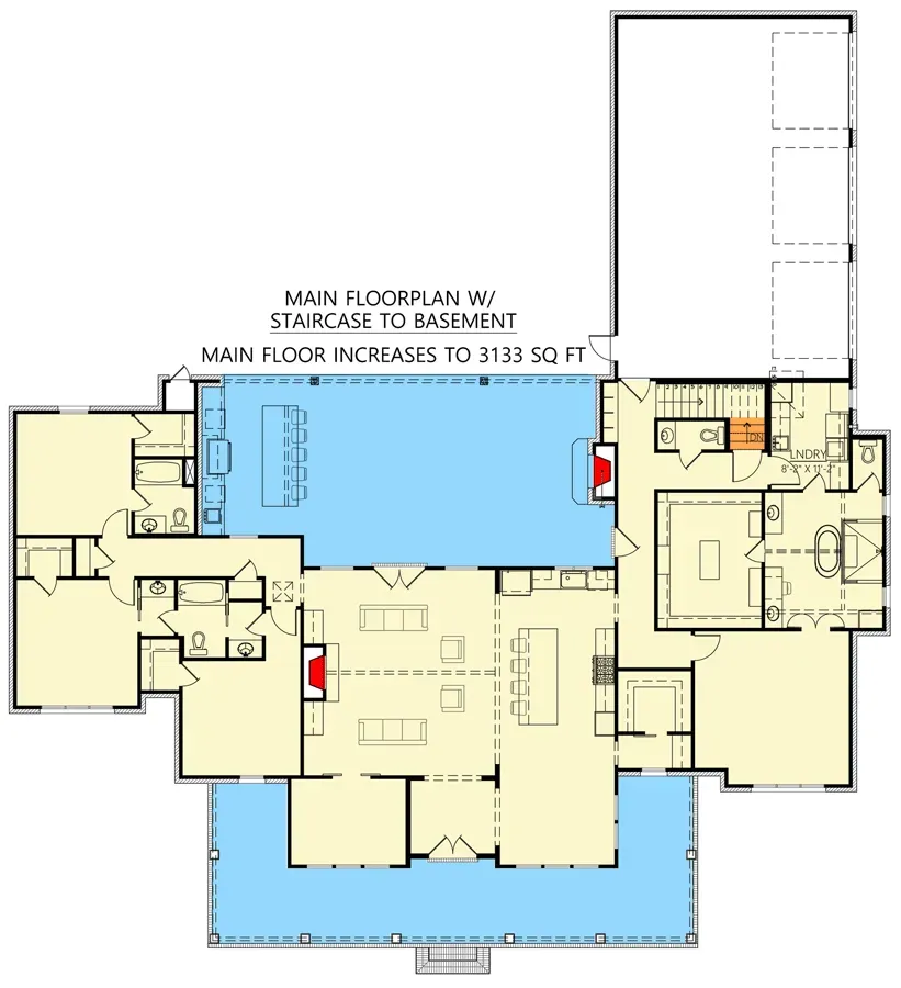 Main level floor plan variant for Plan 56521SM showing optional basement stair location for owners building on a sloped or walk-out lot