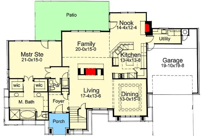 Main level floor plan for contemporary 2,669 sq ft plan 16947WG with main-floor primary suite and two-story family room