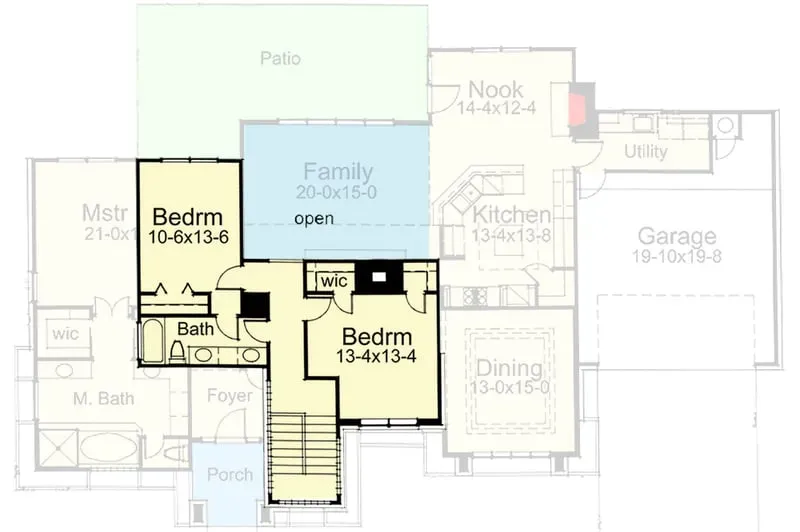 Second-floor plan with loft open to family room below and two bedrooms sharing hall bath