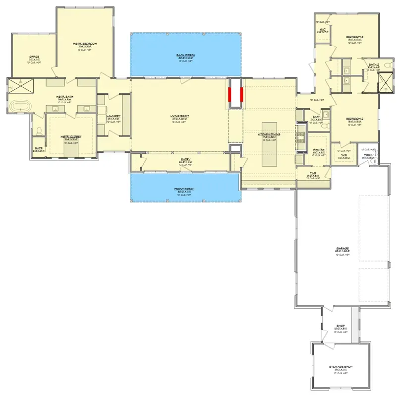 Main level floor plan — 3,514 sq ft H-shape Hill Country farmhouse with vaulted great room, primary suite left wing, two secondary bedrooms right wing, home office, mudroom, and 3-car garage with workshop