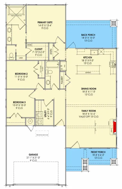 Main level floor plan of the 1,601 sq ft modern farmhouse cottage showing split-bedroom layout with primary suite in rear left corner, two secondary bedrooms on opposite wing sharing a hall bath, vaulted central family room open to kitchen and dining, garage-laundry-hallway utility loop, and covered front and rear porches