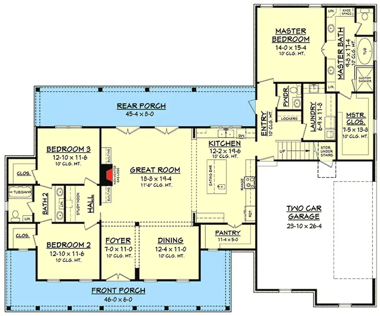 Main level floor plan showing open great room dining kitchen island split-bedroom master suite two secondary bedrooms with Jack-and-Jill bath oversized pantry and mudroom