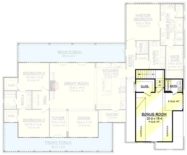 Optional upper-level bonus room floor plan with full bath and walk-in closet suitable for fourth bedroom media room or home office