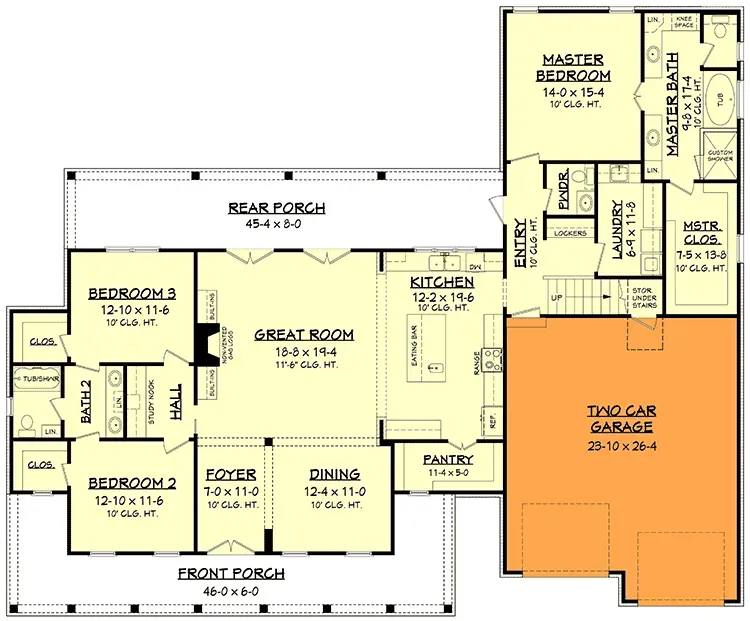 Standard 2-car front-load garage configuration preserving the wrap-around porch