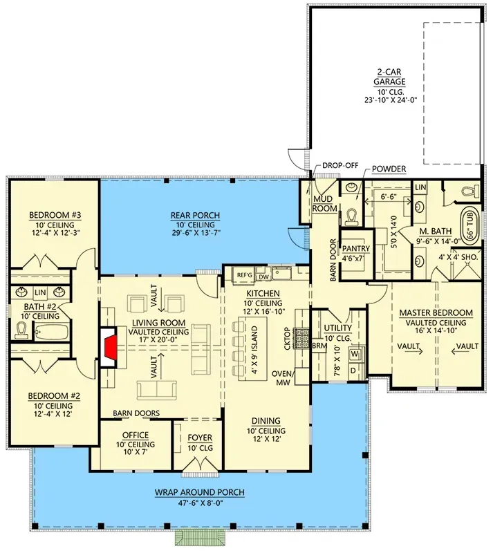 Main level floor plan of 2085 sq ft single-story farmhouse with split-bedroom layout, vaulted great room, 4x9 kitchen island, home office behind barn doors and master closet pass-through to laundry