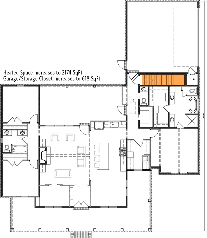 Alternate main level showing relocated interior stair landing serving optional basement foundation (paid plan upgrade)