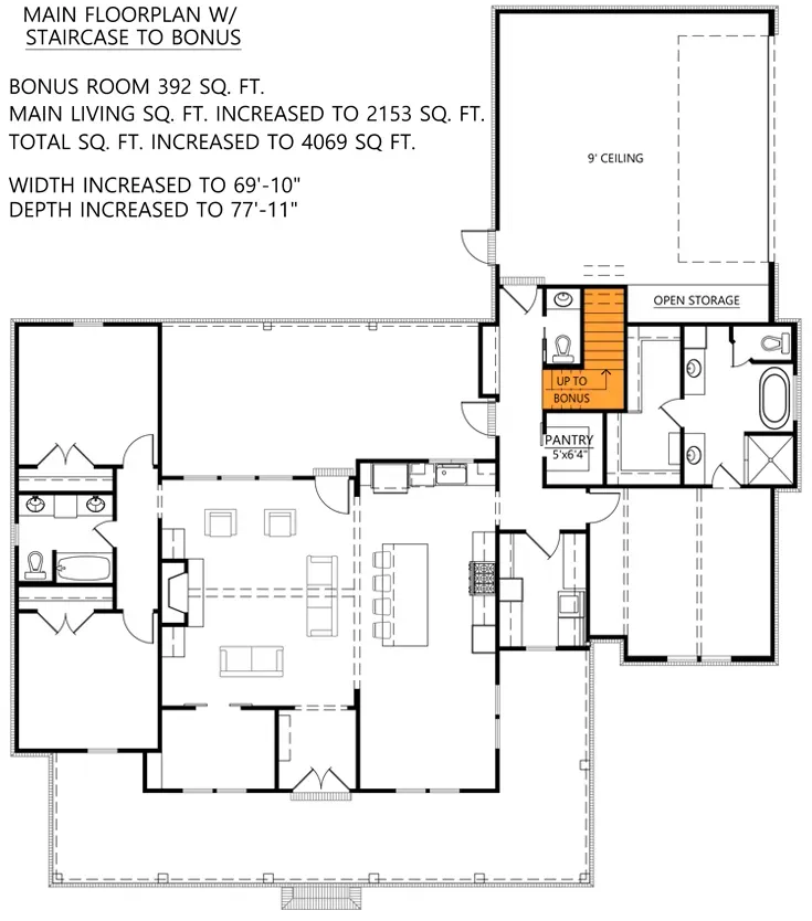 Main level revised with bonus-option stair in garage access position