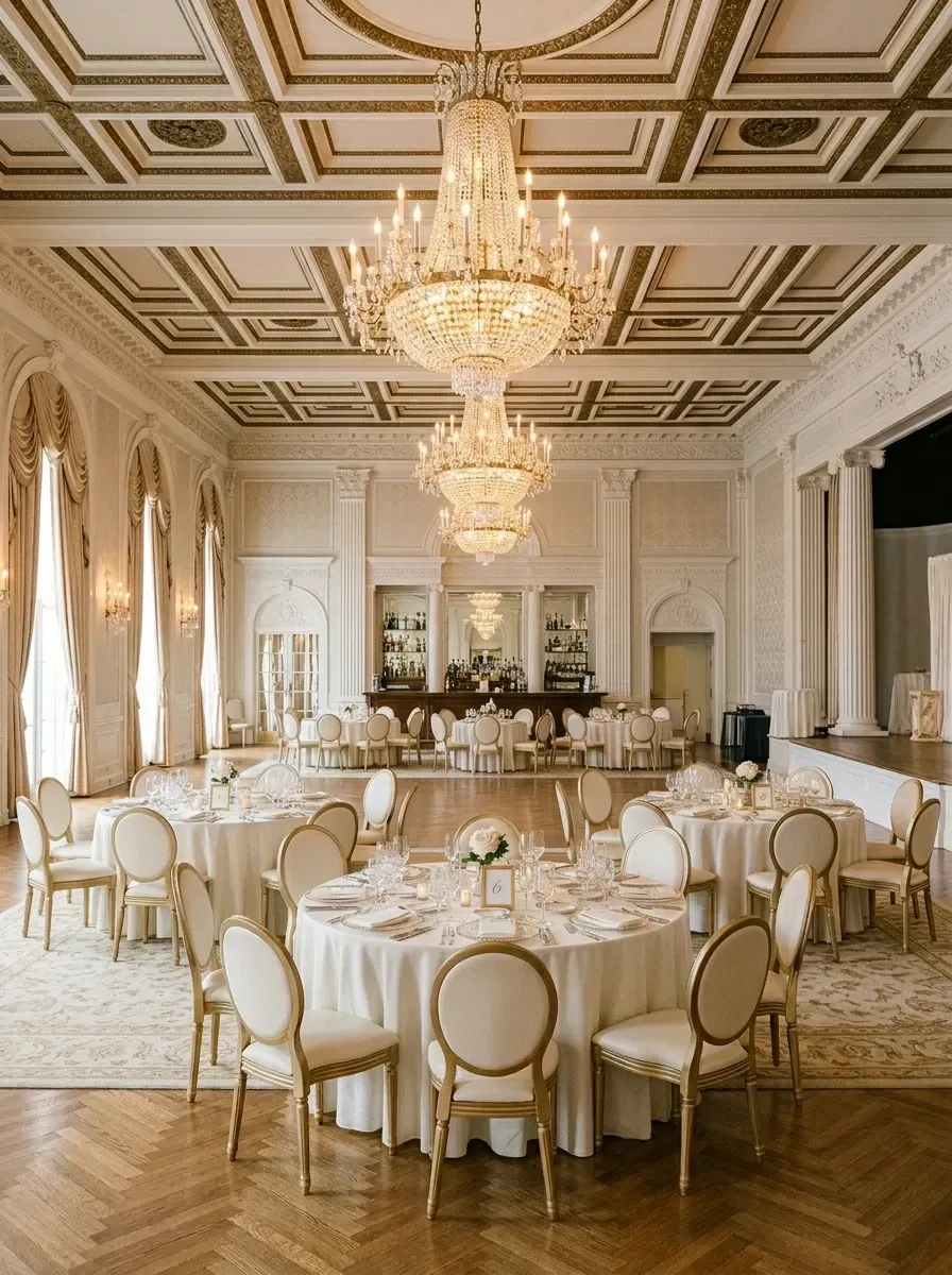 Gilded ballroom wedding reception room with coffered gold-leaf ceiling, tiered crystal chandeliers, fluted columns, ivory Louis XVI banquet chairs, herringbone oak flooring, and floor-to-ceiling silk drapery