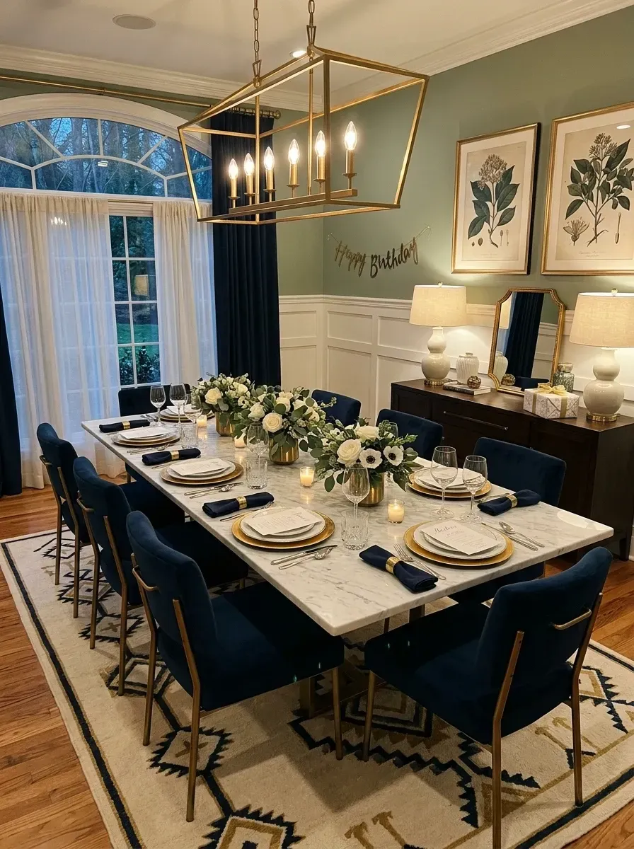 Residential dining room with sage green upper walls, white picture-frame wainscoting, Carrara marble rectangular table, midnight navy velvet dining chairs with brass legs, brass linear chandelier, and gold framed mirror over a dark wood sideboard