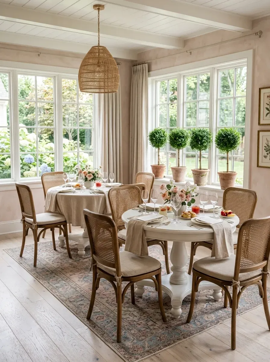 Garden-facing sunroom with blush pink walls, white beamed ceiling, two round white pedestal tables, cane-back dining chairs with linen cushions, woven rattan pendant, bleached oak floors, and potted topiaries on the windowsill