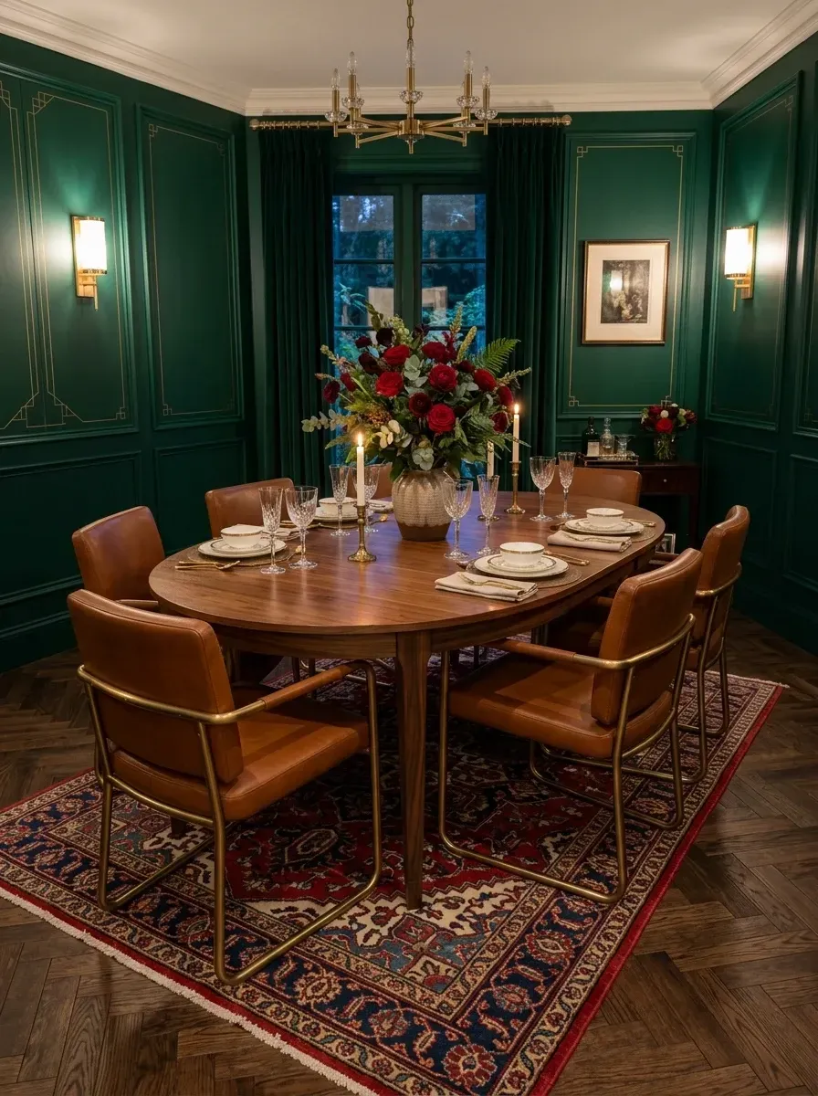 Moody holiday dining room with hunter green lacquered millwork and gold inlay, oval walnut dining table, cognac leather chairs with brass frames, brass and crystal chandelier, brass wall sconces, and dark herringbone oak floors