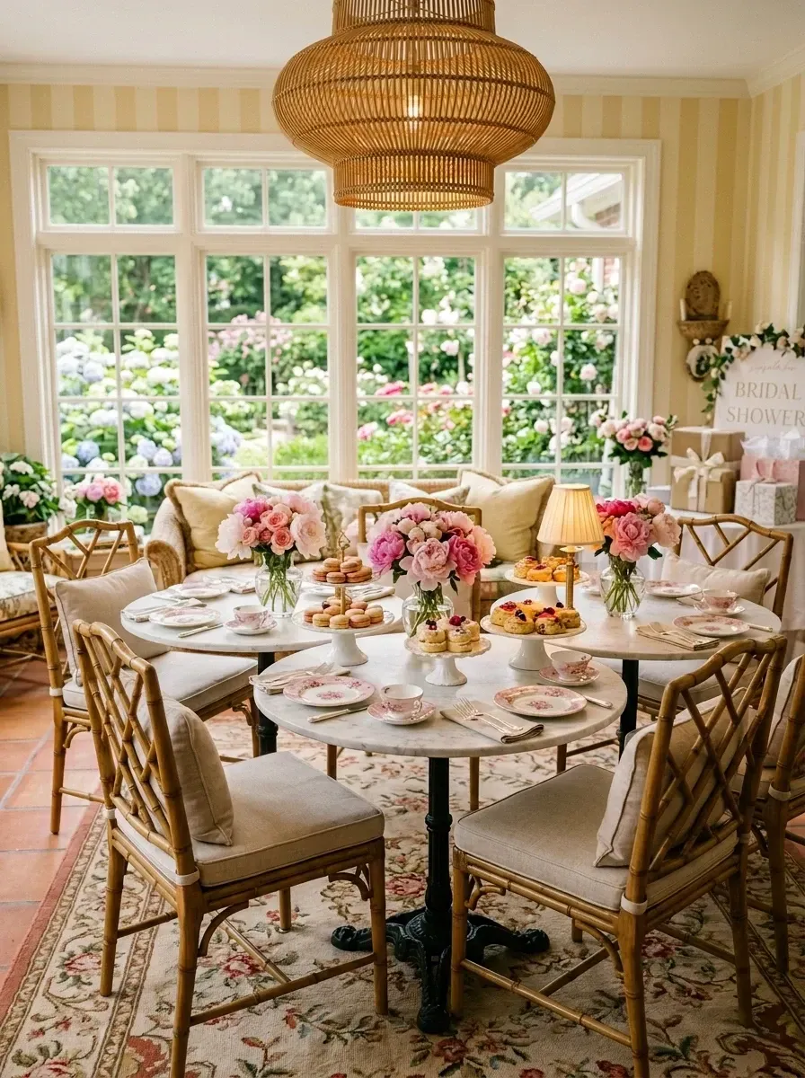 Solarium-style bridal shower room with buttercream striped wallpaper, marble-top bistro tables with cast iron bases, faux bamboo chinoiserie chairs, wicker settee, oversized woven rattan pendant, and terracotta floor tile