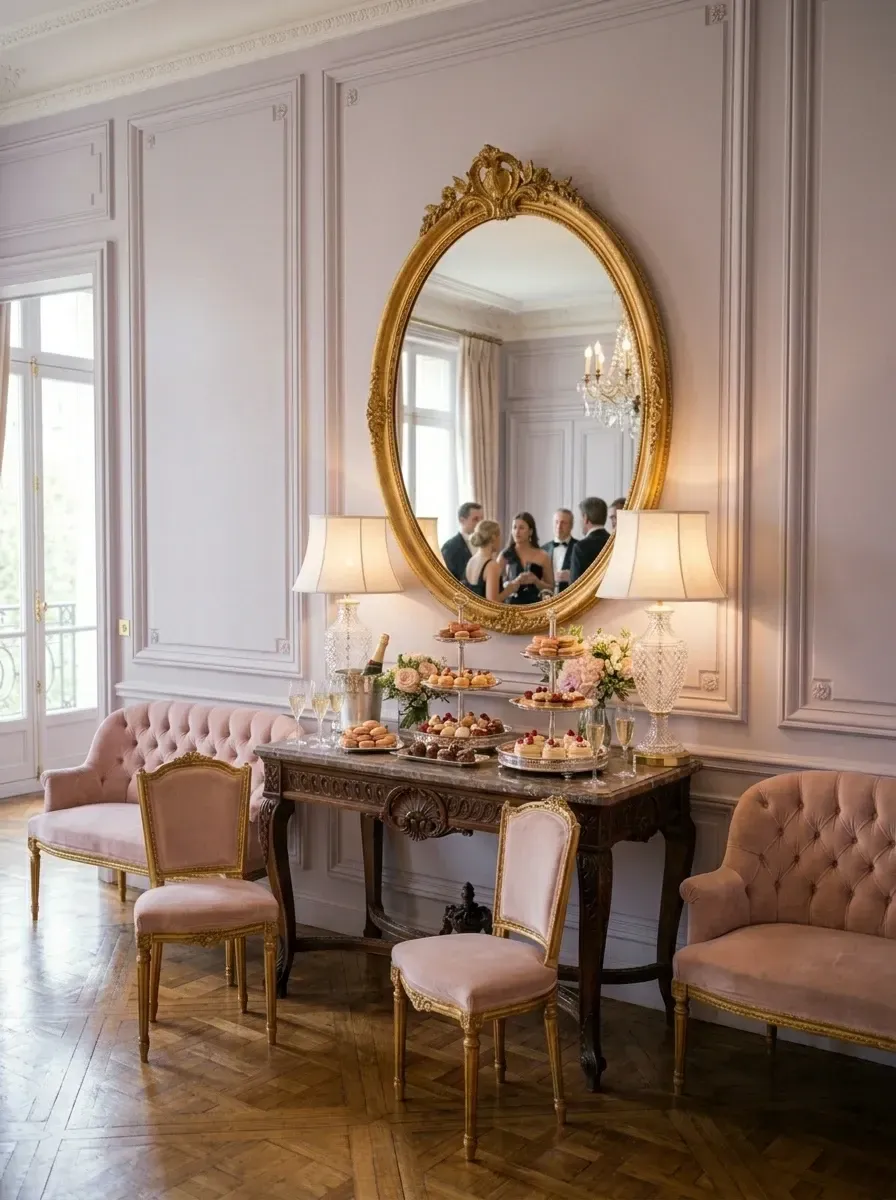 Parisian-inspired salon with pale lavender Louis XVI boiserie wall paneling, oversized gilded oval mirror, antique carved marble-top console, blush tufted velvet settees, giltwood accent chairs, and herringbone parquet oak flooring