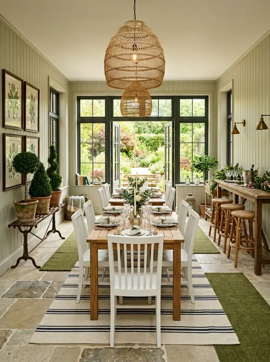 Sun-filled garden dining room with vertical beadboard walls, oak farmhouse table, white slat-back chairs, woven rattan pendants, and black-framed French doors opening to a garden
