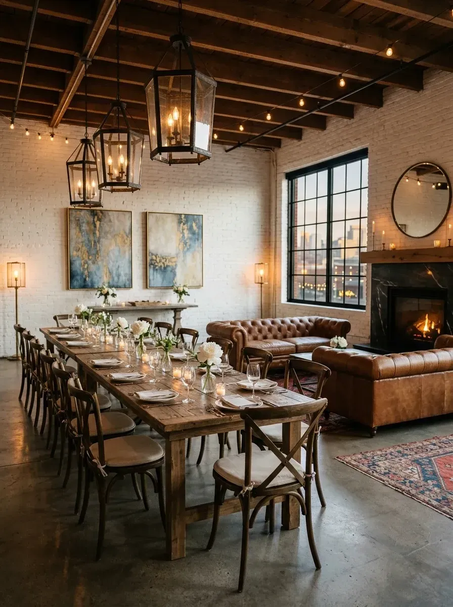 Industrial loft celebration space with whitewashed brick walls, polished concrete floors, exposed wood beams, leather Chesterfield sofas, black marble fireplace, and bistro string lighting