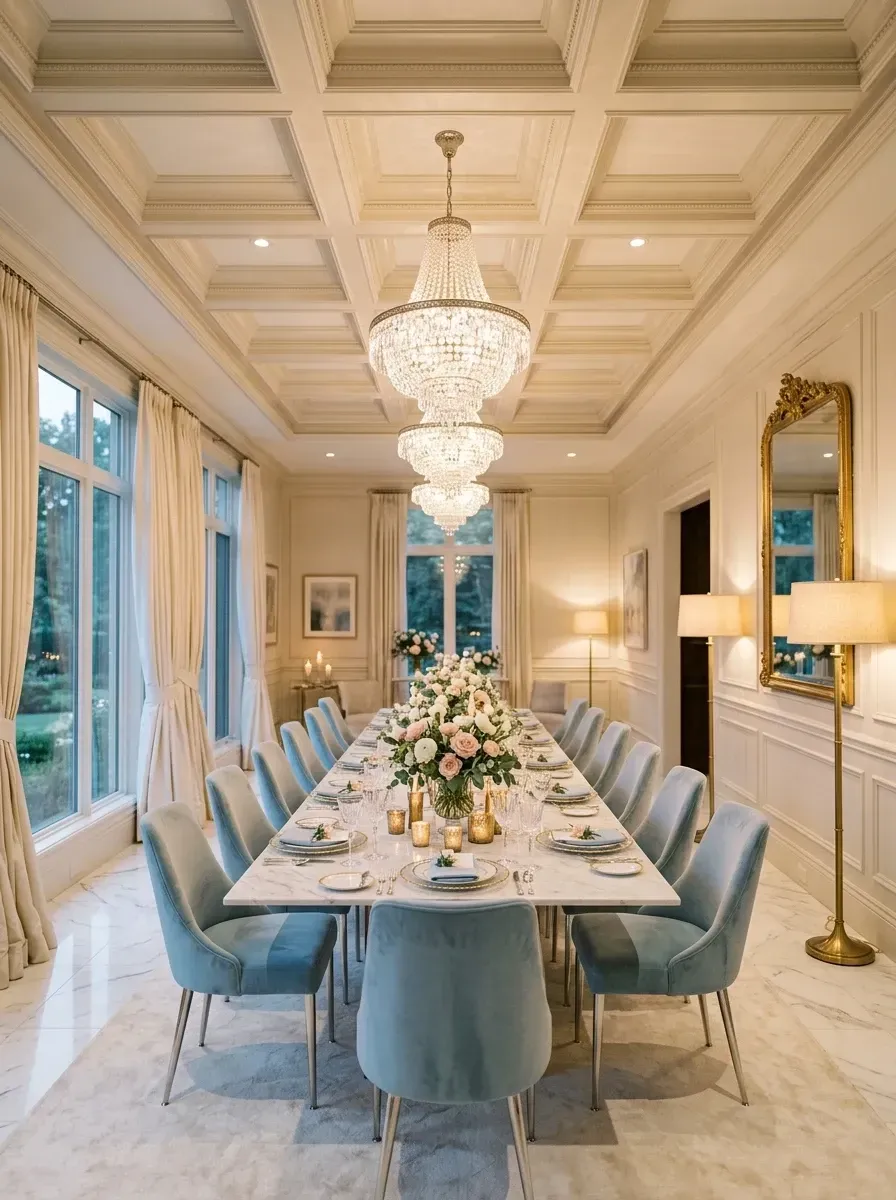 Neoclassical grand dining hall with coffered ceiling, three crystal chandeliers, Calacatta marble dining table, powder blue velvet chairs, and floor-to-ceiling silk drapery