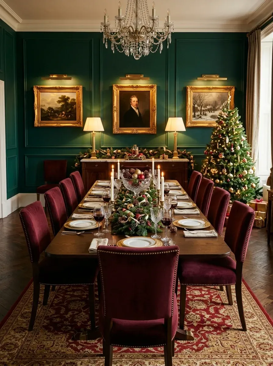 Traditional holiday dining room with deep emerald green lacquered walls, crystal chandelier, mahogany table, burgundy velvet chairs, walnut herringbone floors, and red Persian rug