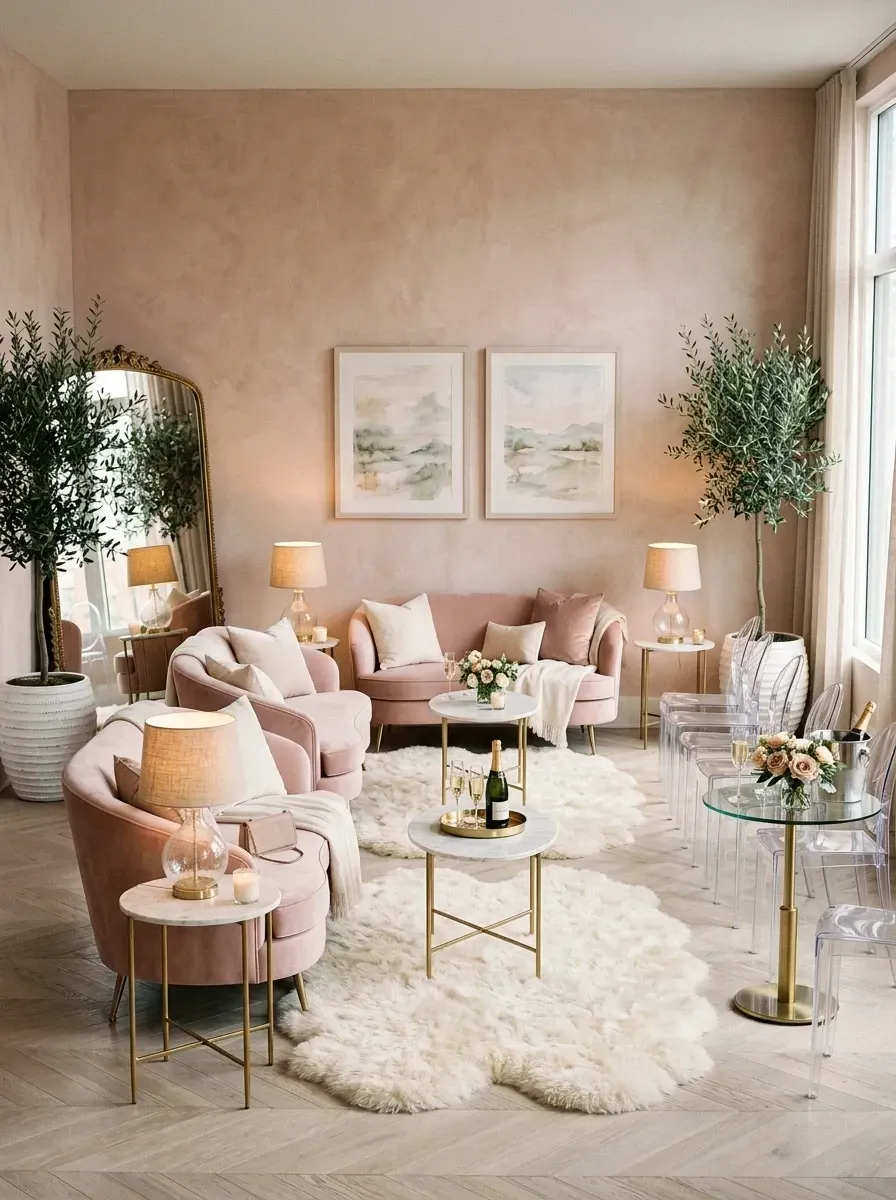 Romantic blush cocktail lounge with textured pink plaster walls, curved blush velvet settees, marble accent tables with brass legs, acrylic ghost chairs, and large gold arched mirror