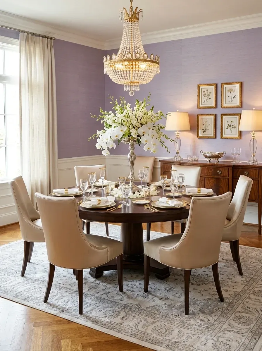 Lilac and cream formal dining room with soft lavender textured walls, white wainscoting, round walnut pedestal table, champagne linen chairs, crystal empire chandelier, and oak herringbone floor