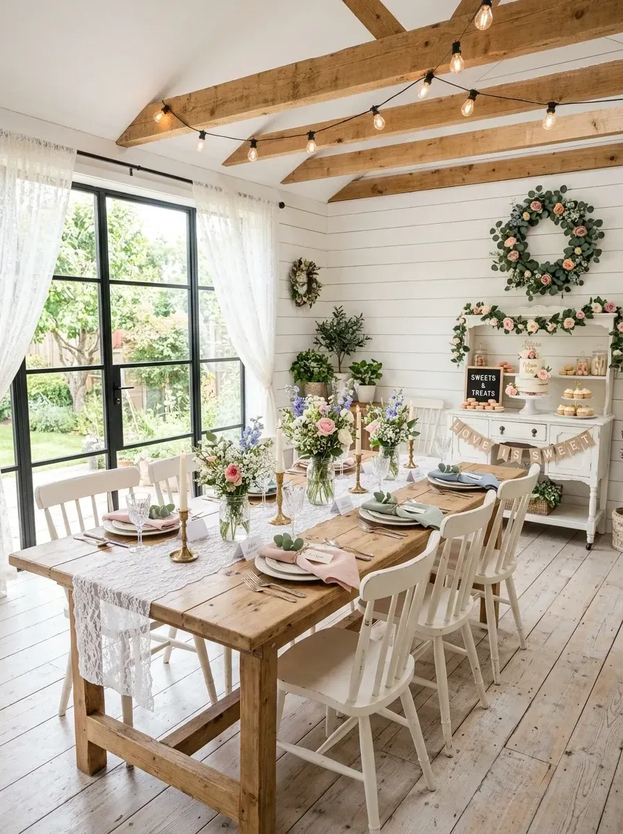 Rustic garden party setup with exposed wooden beams, white shiplap walls, long farmhouse dining table dressed with lace runner and wildflower centerpieces, vintage white hutch displaying desserts, and an industrial-style window admitting natural light