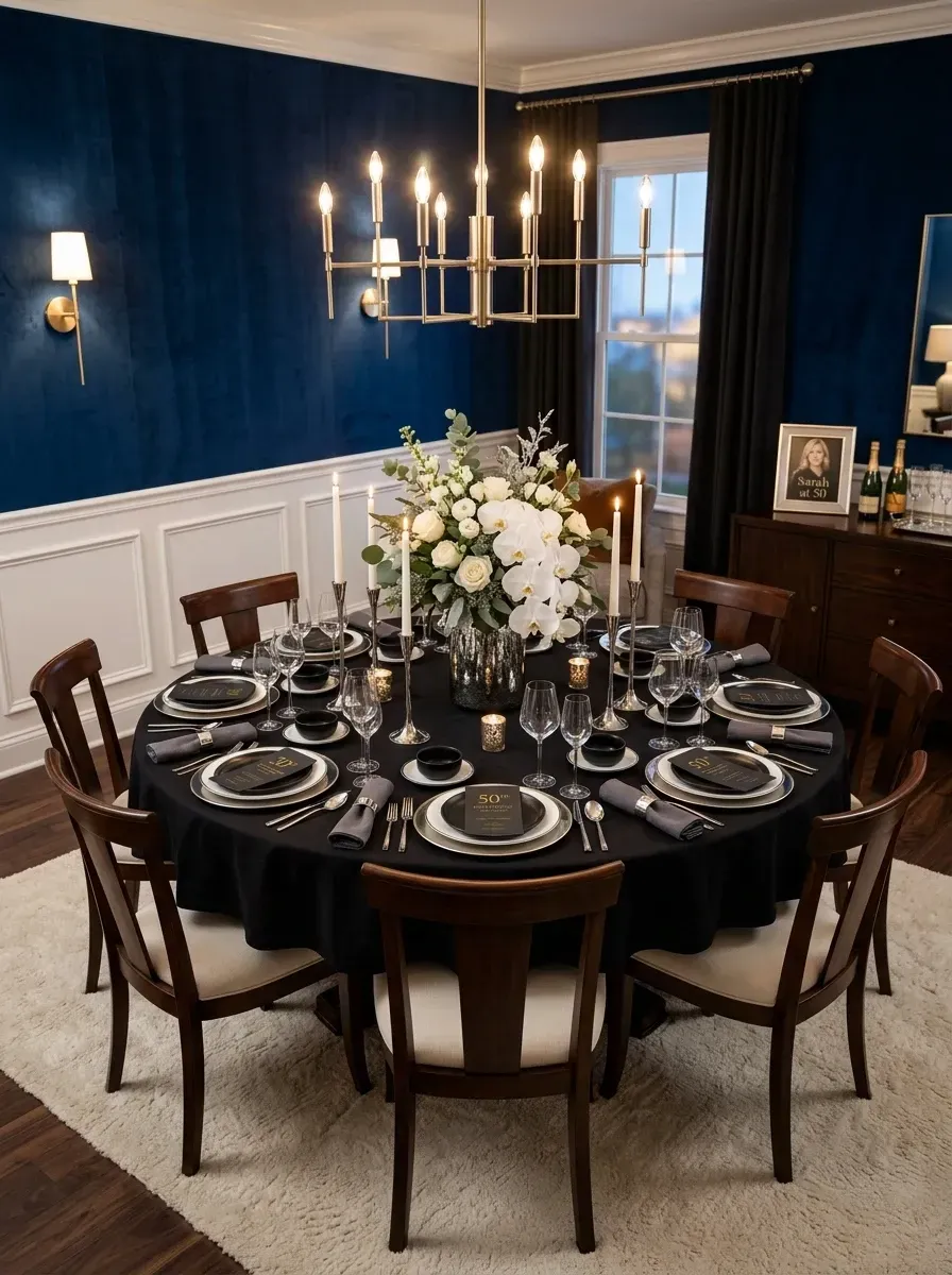 Elegant navy and gold anniversary dinner with deep navy velvet walls, white wainscoting, modern gold chandelier and sconces, round dining table with black linens, gold-rimmed plates, and a lush white floral centerpiece