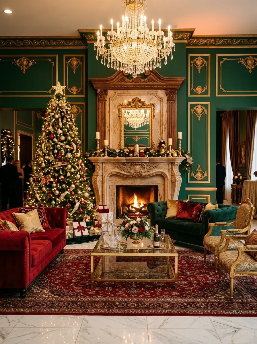 Classic grand Christmas living room with rich emerald green walls, ornate gold molding, grand crystal chandelier, large stone fireplace, decorated Christmas tree, jewel-toned velvet sofas in red and green, gold armchairs, and Persian-style area rug