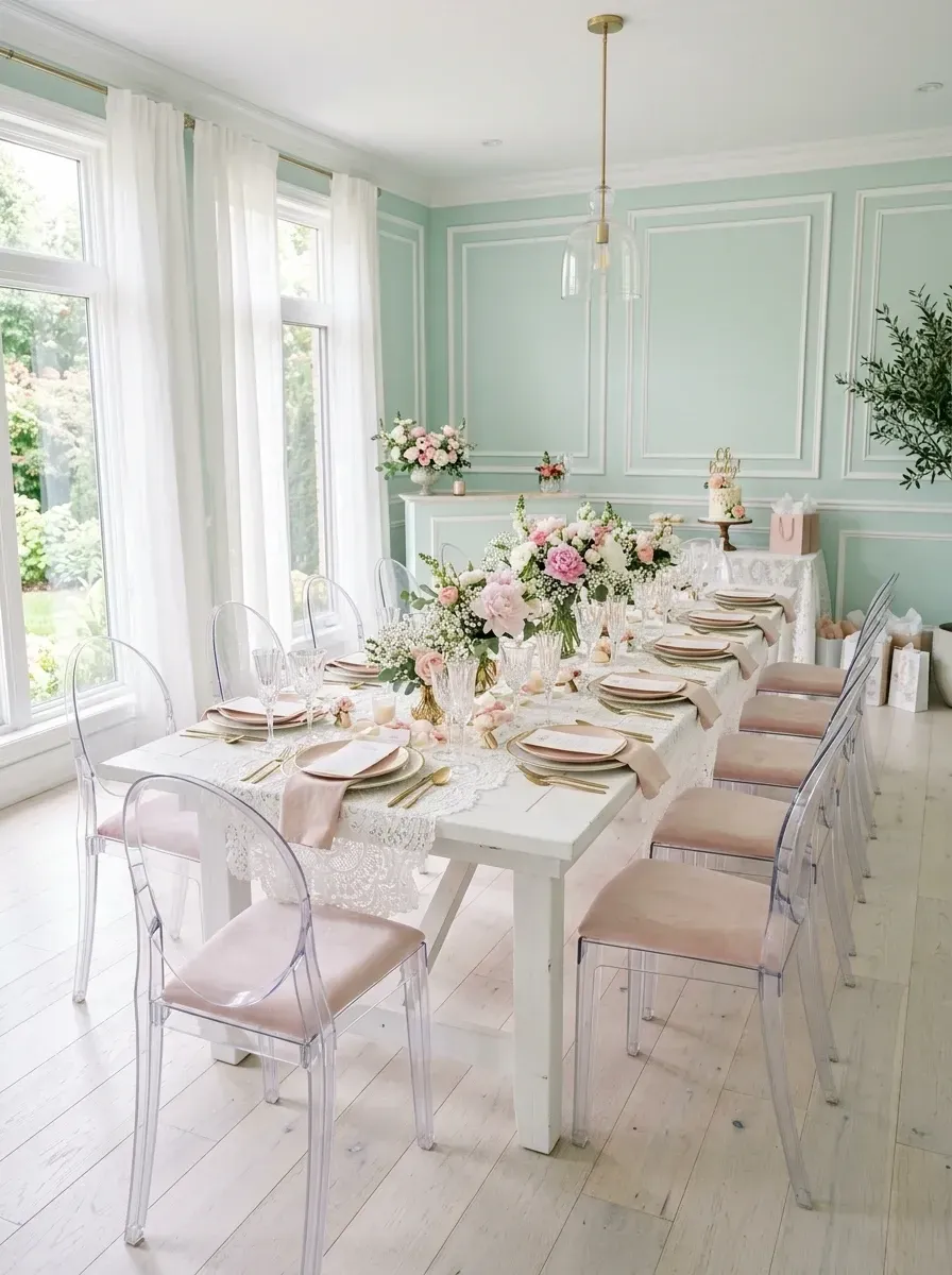 Chic pastel bridal shower with mint green walls and white molding, white farmhouse table, clear ghost chairs with pink seat cushions, lace table runner, abundant pastel floral centerpieces, gold pendant light, and dessert table