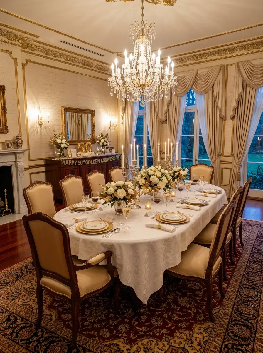 Opulent golden anniversary dinner with textured wallpaper, elaborate gold molding, massive crystal chandelier, long formal dining table with white linens, lush white and gold floral arrangements, gold candelabras, French-style upholstered chairs, and gold place settings