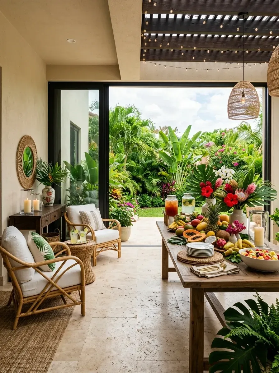 Tropical outdoor patio party with covered pergola, string lights, wooden dining table, rattan armchairs with cushions, woven pendant lights, lush tropical garden backdrop, and centerpiece of tropical fruits and flowers