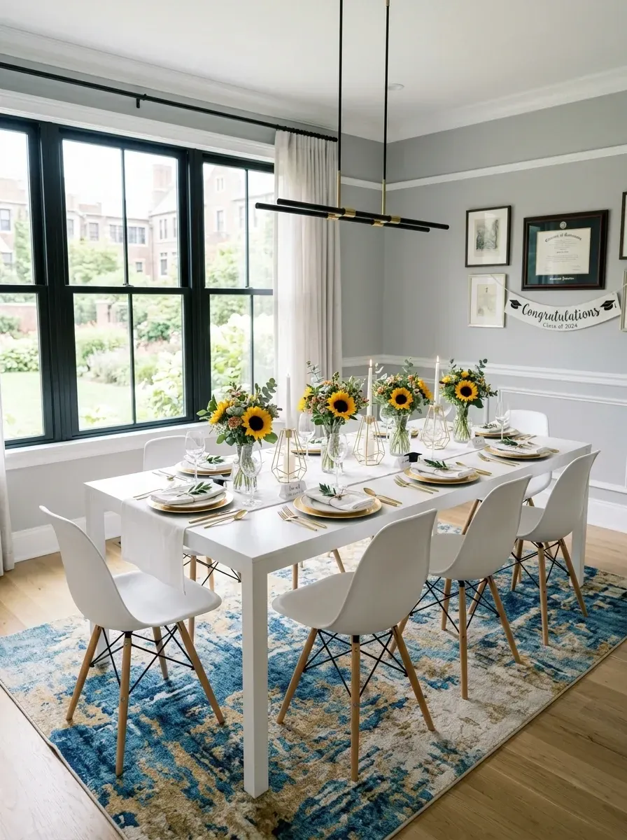 Bright graduation brunch with light grey walls, white wainscoting, large black-framed windows, modern linear pendant light, white dining table, white Eames-style chairs, sunflower centerpieces, and blue and gold abstract area rug