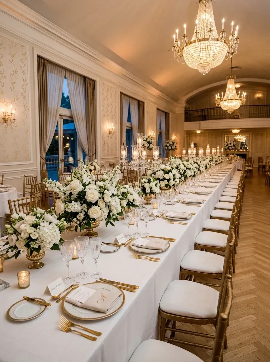 Grand ballroom wedding reception with high ceilings, enormous crystal chandeliers, long banquet tables lined with gold Chiavari chairs, lush white floral runners, gold candelabras, gold place settings, balcony, and tall draped curtains