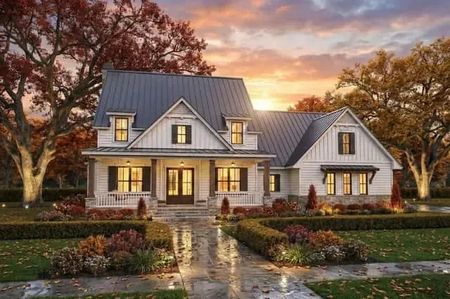 Side elevation of Plan 16919WG showing three car front garage configuration with matching gables horizontal lap siding and stone veneer accent at garage foundation