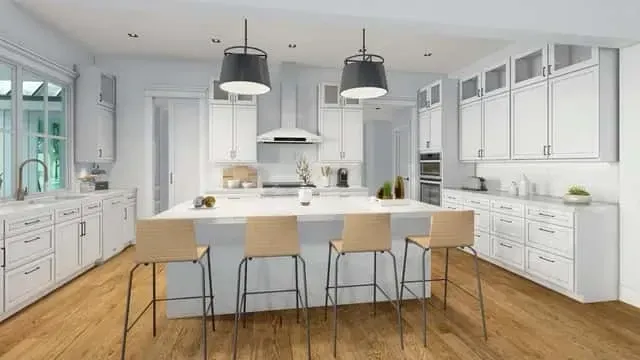 Pass-through pantry in Plan 16919WG with custom walnut open shelving quartz counters prep sink and connection door from mudroom to kitchen flow