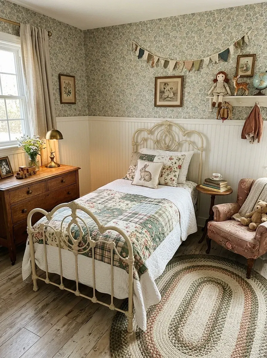 Vintage floral cottage girls bedroom with Rifle Paper Co Garden Party wallpaper background in muted teal BM Swiss Coffee OC-45 beadboard wainscoting Serena and Lily Montauk wrought iron twin bed with Matteo Vintage Linen patchwork quilt antique English oak dresser circa 1920 upholstered reading chair in dusty rose Schumacher linen Pottery Barn braided jute oval rug and vintage brass Visual Comfort task lamp in Charleston SC